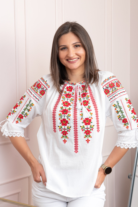 Bluza tip ie alba cu motiv floral rosu Pompilia [3]