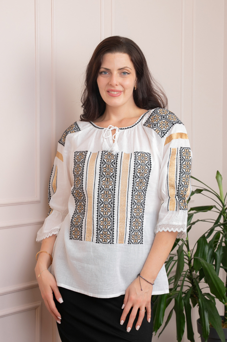 Bluza tip ie alba cu motiv geometric auriu Draga 02 [3]
