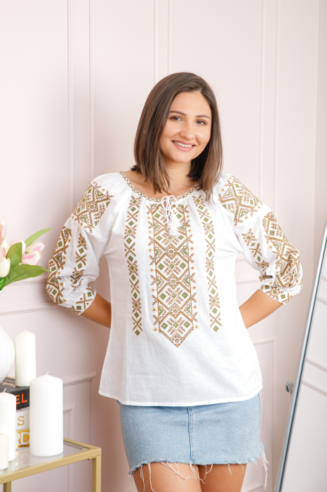 Bluza tip ie alba cu motiv geometric crem Melinda 02