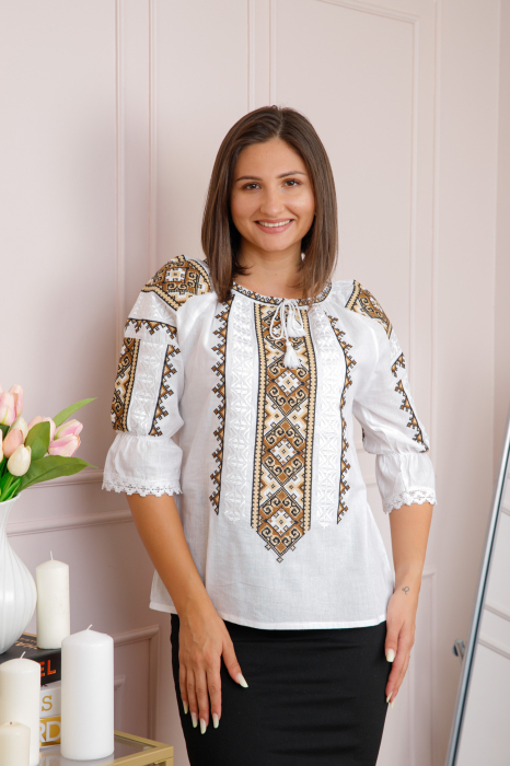 Bluza tip ie alba cu motiv geometric maro Tania 02 [3]