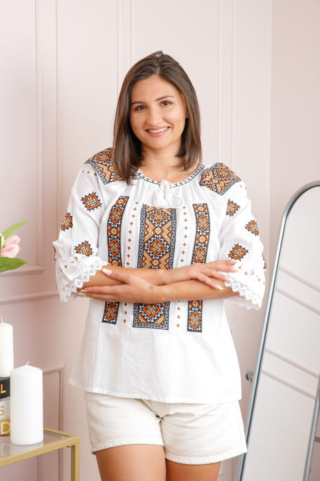 Bluza tip ie alba cu motiv geometric orange Alexandrina [3]