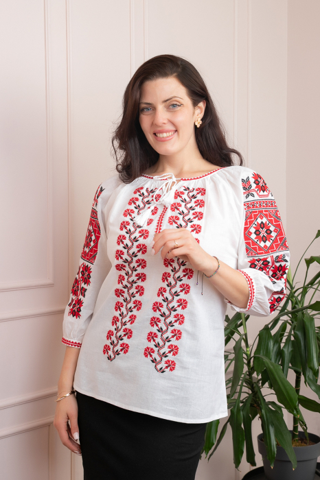 Bluza tip ie alba cu motiv geometric rosu Celina 02 [3]