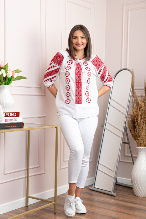 Bluza tip ie alba cu motiv geometric rosu Ioana [4]