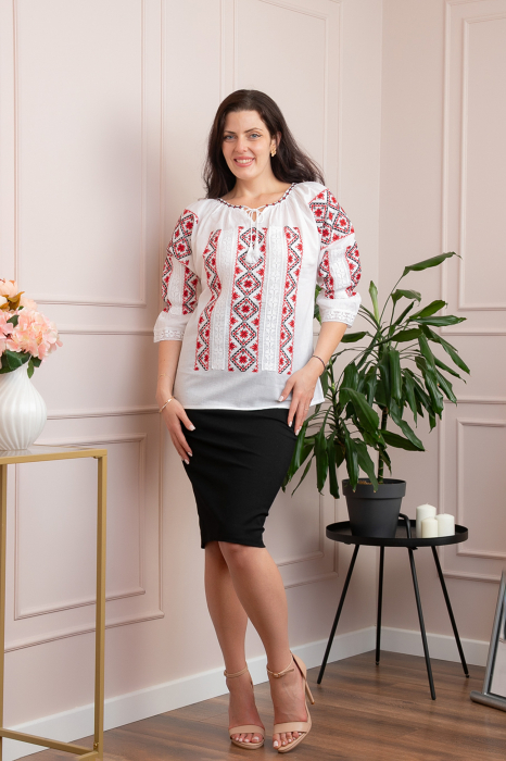 Bluza tip ie alba cu motiv geometric rosu Marisa [4]
