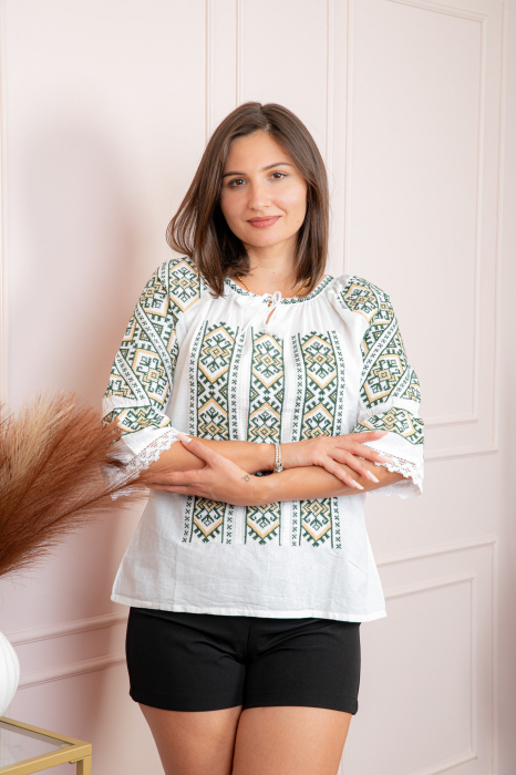 Bluza tip ie alba cu motiv geometric verde Ina 07 [3]