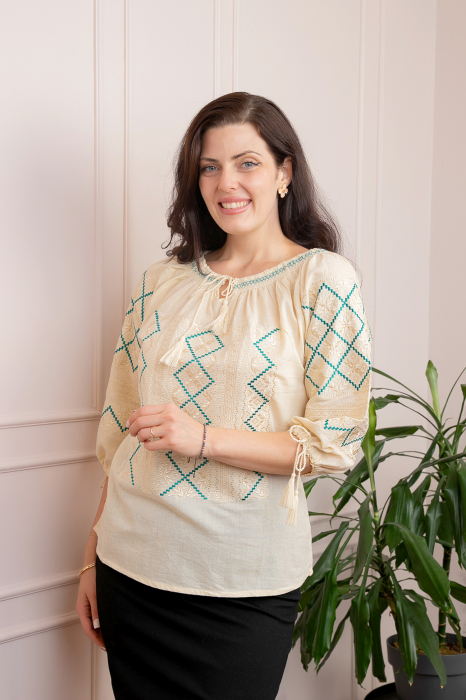 Bluza tip ie crem cu motiv geometric turcoaz Celestina [3]
