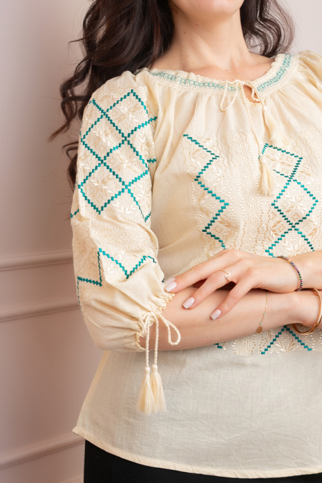 Bluza tip ie crem cu motiv geometric turcoaz Celestina [2]