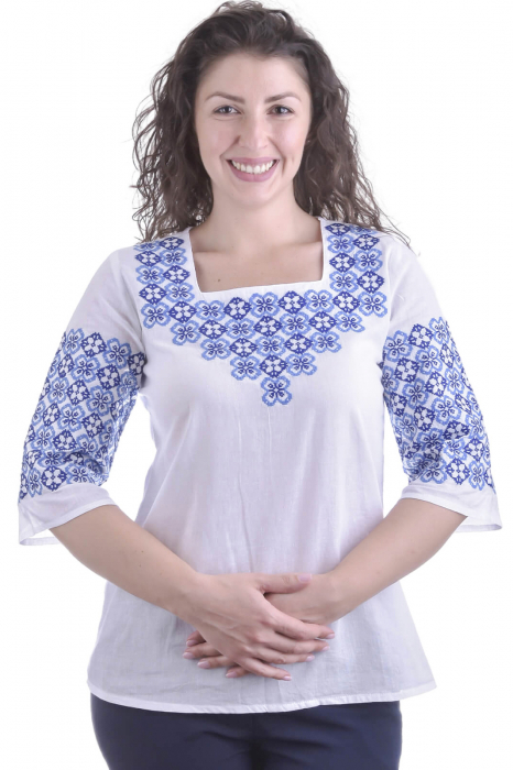 Bluza traditionala alba cu motiv floral albastru Ariana [1]
