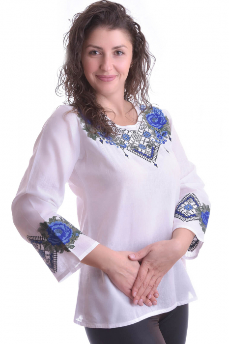 Bluza traditionala alba cu motiv floral albastru Iris 01 [2]