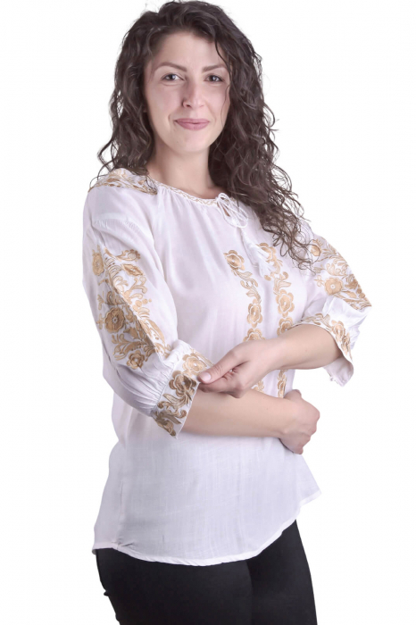 Bluza traditionala alba cu motiv floral auriu Angelina [2]