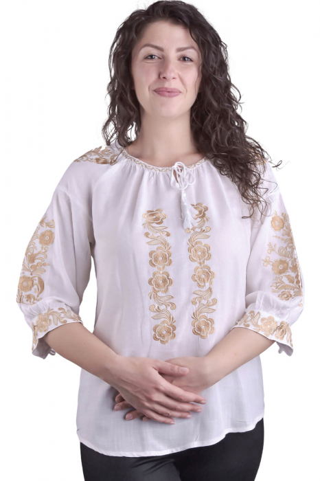 Bluza traditionala alba cu motiv floral auriu Angelina [1]