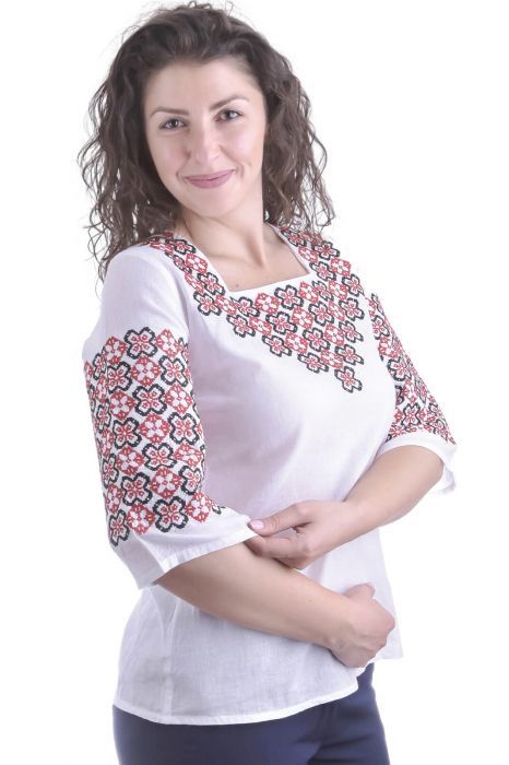 Bluza traditionala alba cu motiv floral rosu Anita [2]