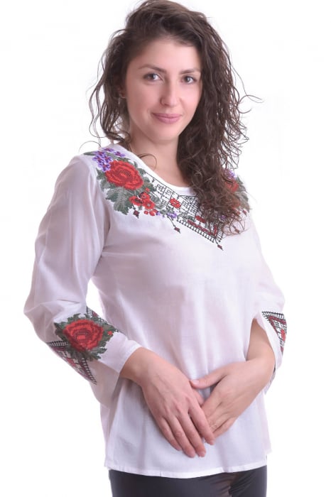 Bluza traditionala alba cu motiv floral rosu Denisa [2]