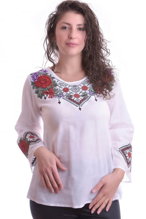 Bluza traditionala alba cu motiv floral rosu Denisa [1]