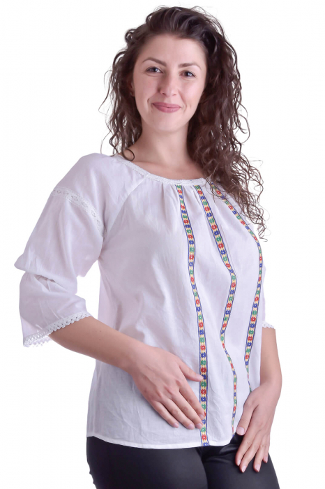 Bluza traditionala alba cu motiv geometric multicolor Anne [2]
