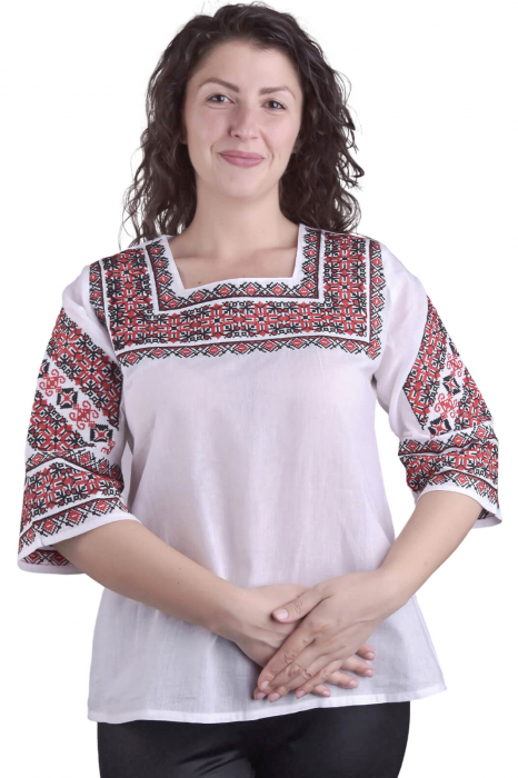 Bluza traditionala alba cu motiv geometric rosu Carmina [1]