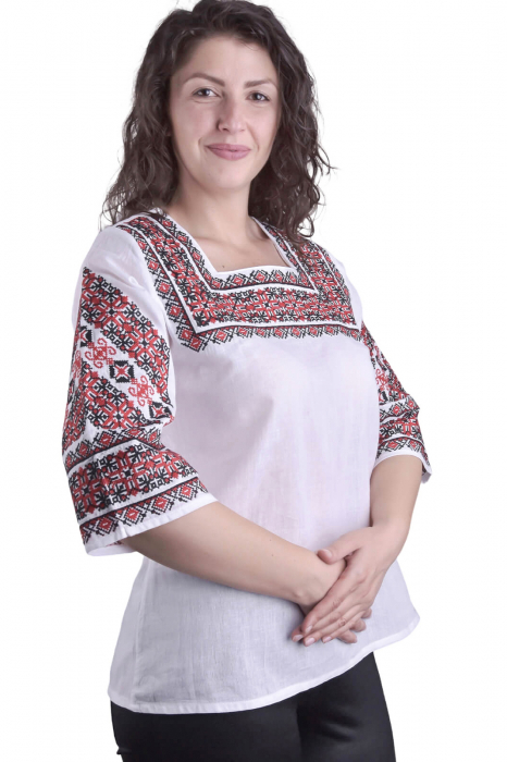 Bluza traditionala alba cu motiv geometric rosu Carmina [2]