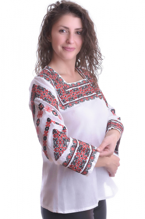 Bluza traditionala alba cu motiv geometric rosu Raisa 01 [2]