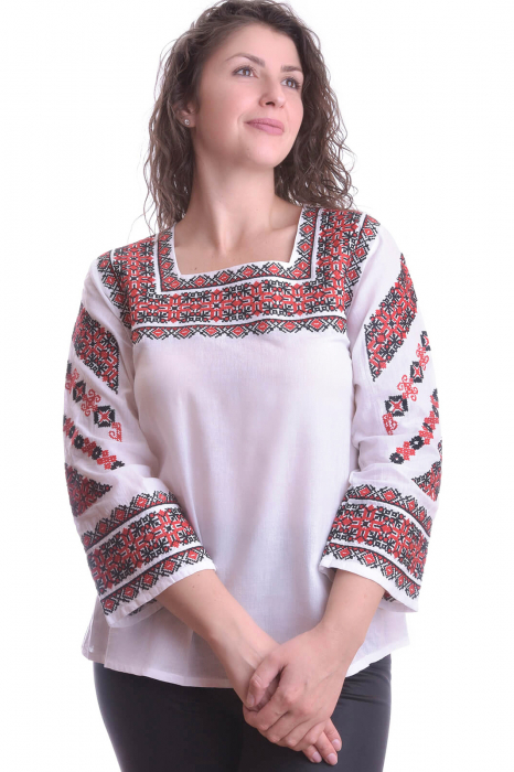 Bluza traditionala alba cu motiv geometric rosu Raisa [1]