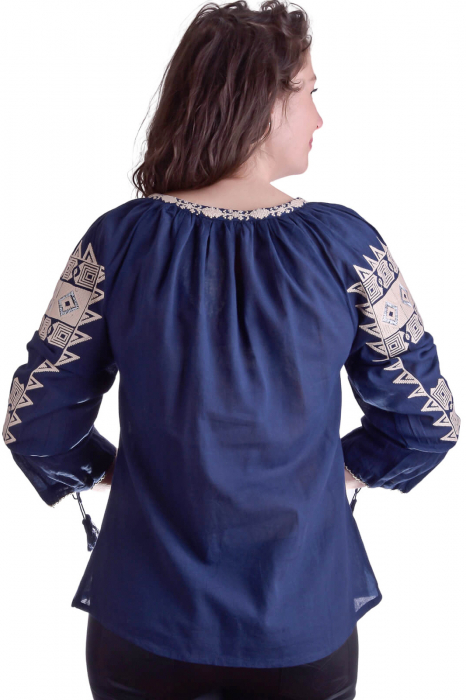 Bluza traditionala albastra cu motiv geometric crem Corina [3]