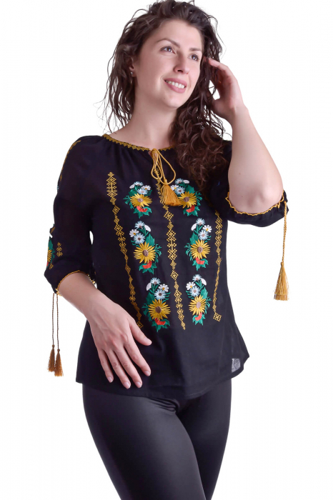 Bluza traditionala neagra cu motiv floral galben Anemona [4]