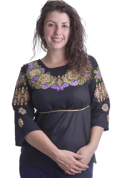 Bluza traditionala neagra cu motiv floral multicolor Edith [1]
