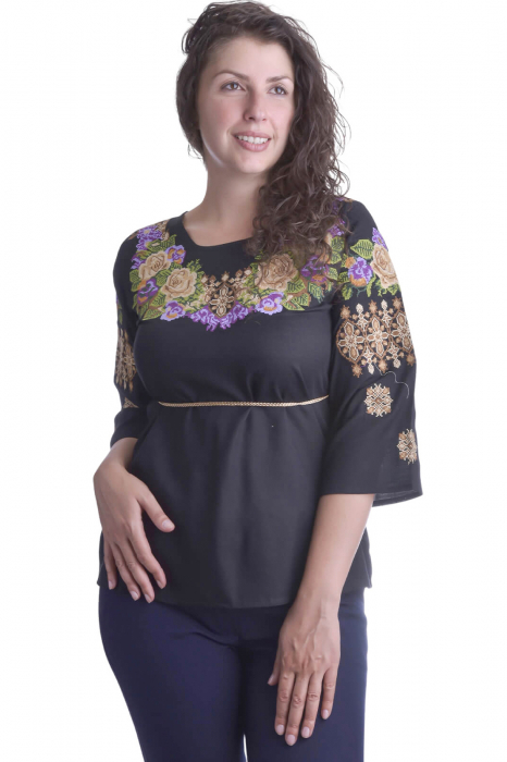 Bluza traditionala neagra cu motiv floral multicolor Leila 02 [4]