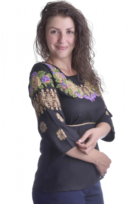 Bluza traditionala neagra cu motiv floral multicolor Leila 02 [2]