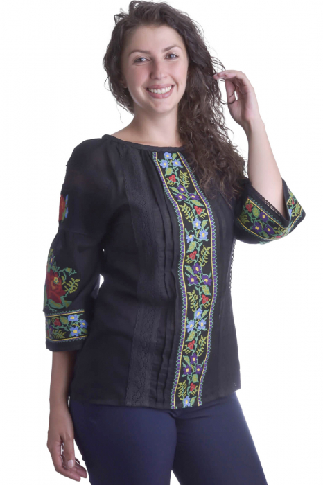 Bluza traditionala neagra cu motiv floral multicolor Francesca [4]