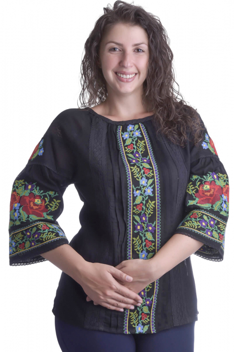 Bluza traditionala neagra cu motiv floral multicolor Francesca [1]