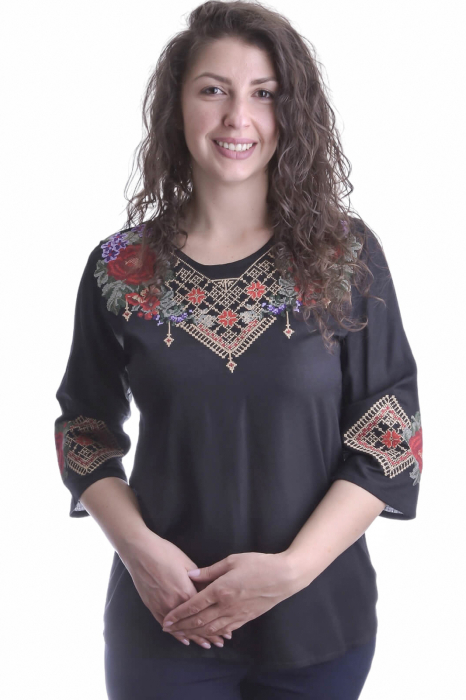 Bluza traditionala neagra cu motiv floral rosu Astrid [1]