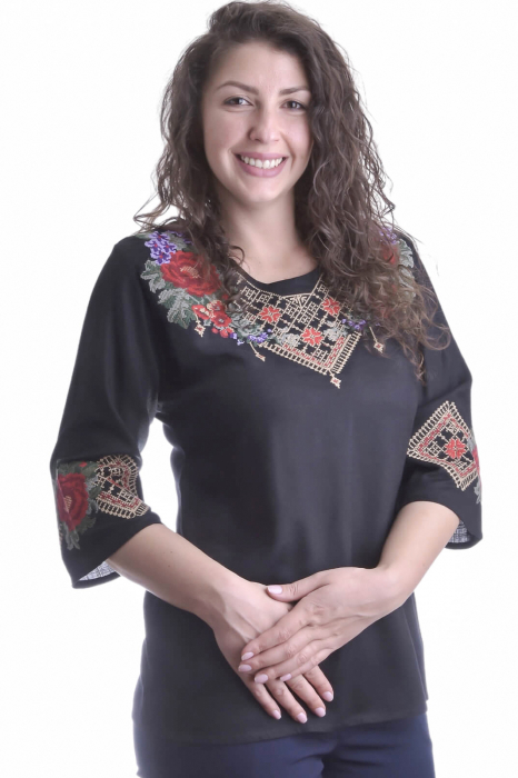 Bluza traditionala neagra cu motiv floral rosu Iris 04 [2]