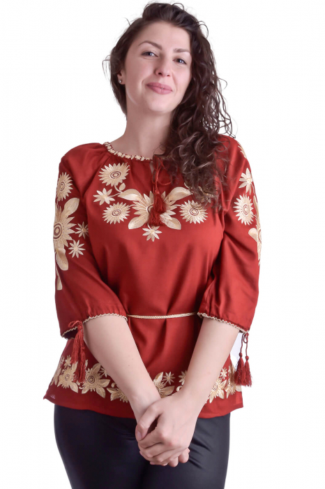 Bluza traditionala rosie cu motiv floral auriu Alessia [4]