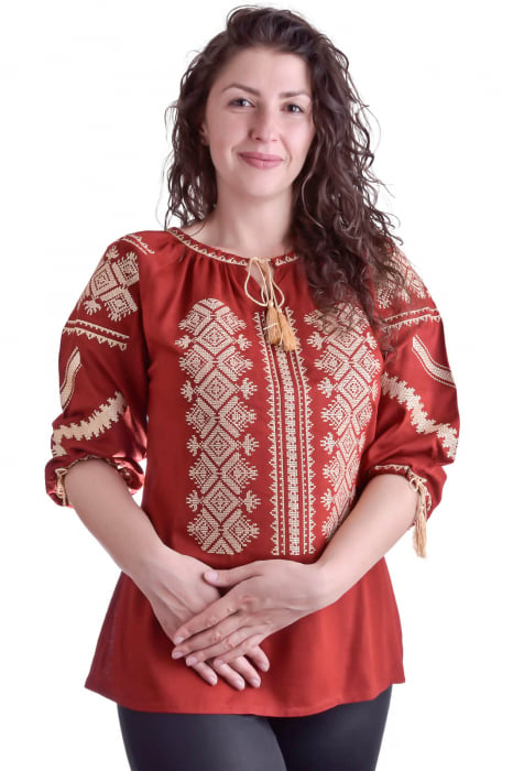 Bluza traditionala rosie cu motiv geometric auriu Georgiana [1]