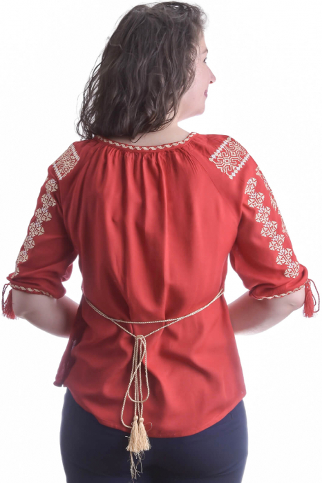 Bluza traditionala rosie cu motiv geometric crem Samira [3]