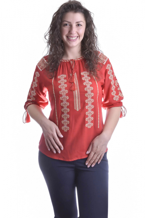 Bluza traditionala rosie cu motiv geometric crem Samira [1]
