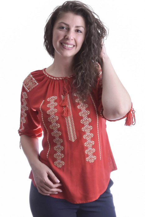 Bluza traditionala rosie cu motiv geometric crem Samira [4]