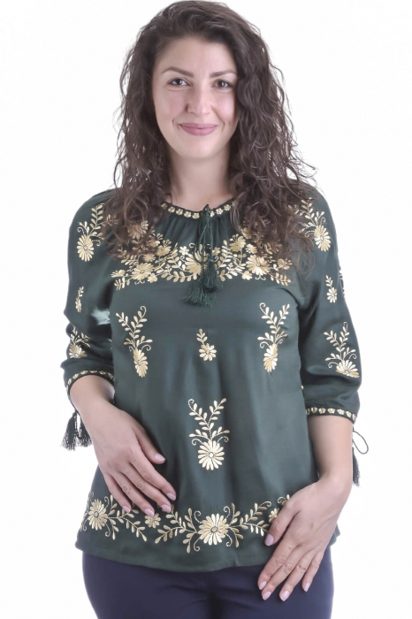 Bluza traditionala verde cu motiv floral auriu Alice [1]
