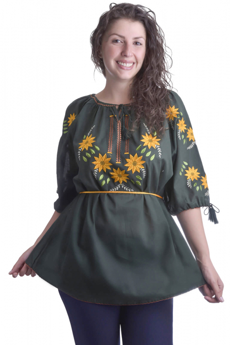 Bluza traditionala verde cu motiv floral galben Aliona [4]