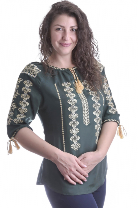 Bluza traditionala verde cu motiv geometric crem Amina [2]