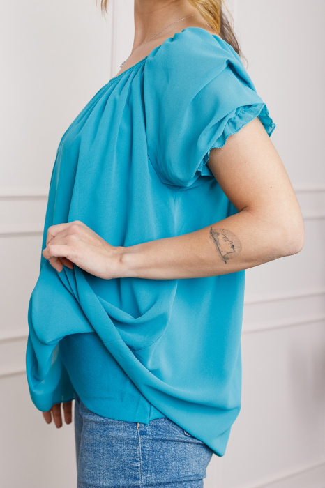 Bluza turcoaz deschis din voal cu maneci bufante [2]