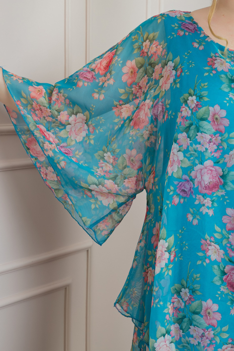 Bluza turcoaz din voal cu imprimeu floral si maneci fluture [2]