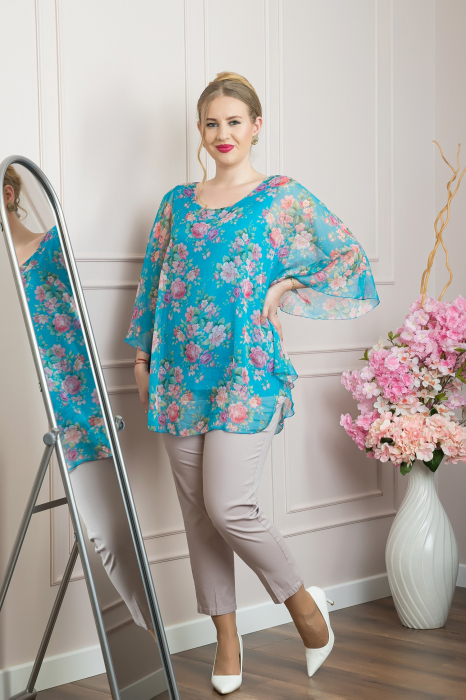 Bluza turcoaz din voal cu imprimeu floral si maneci fluture [4]