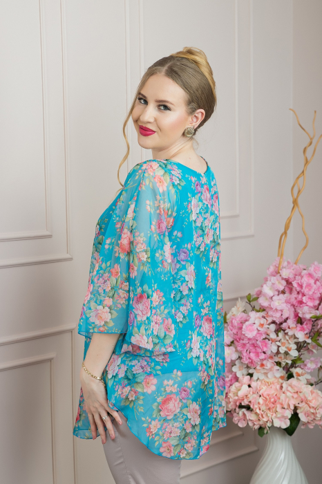 Bluza turcoaz din voal cu imprimeu floral si maneci fluture [3]