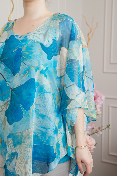 Bluza turcoaz din voal cu maneci largi si imprimeu floral [2]