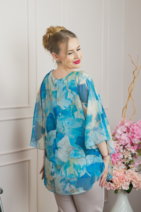 Bluza turcoaz din voal cu maneci largi si imprimeu floral [3]