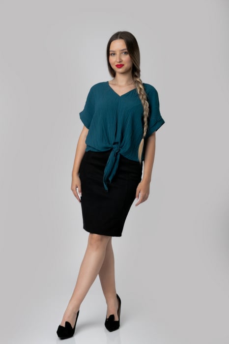 Bluza turcoaz inchis casual cu aspect texturat si nod in talie [4]