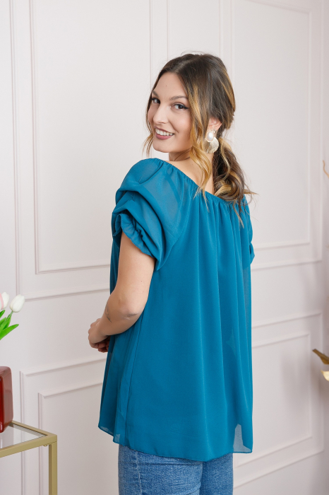 Bluza turcoaz inchis din voal cu maneci bufante [3]