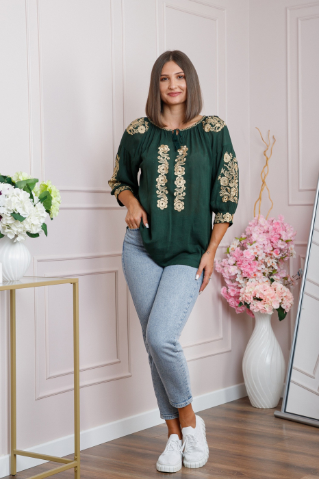 Bluza verde cu motiv floral auriu Iasmina 05 - maneca scurta [4]