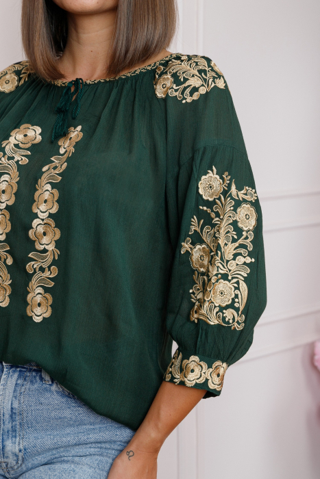 Bluza verde cu motiv floral auriu Iasmina 05 - maneca scurta [2]